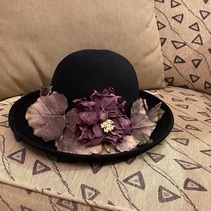 Black Wool Bowler Hat Embellished w/Lilic Flower
